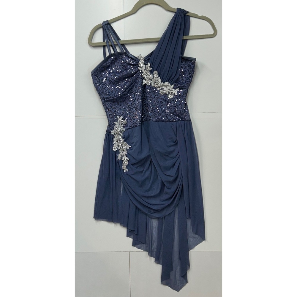 Weissman Lyrical Dance Costume XLC Blue Good Sequin Floral Asymmetrical 10389